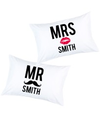 Personalised Mustache and Lips MR & MRS printed pillowcase (A set of 2 pillowcovers)